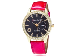 Relógio Feminino Zhoulianfa de Quartzo com Mostrador Redondo e Strass Cor Rosa Vermelha