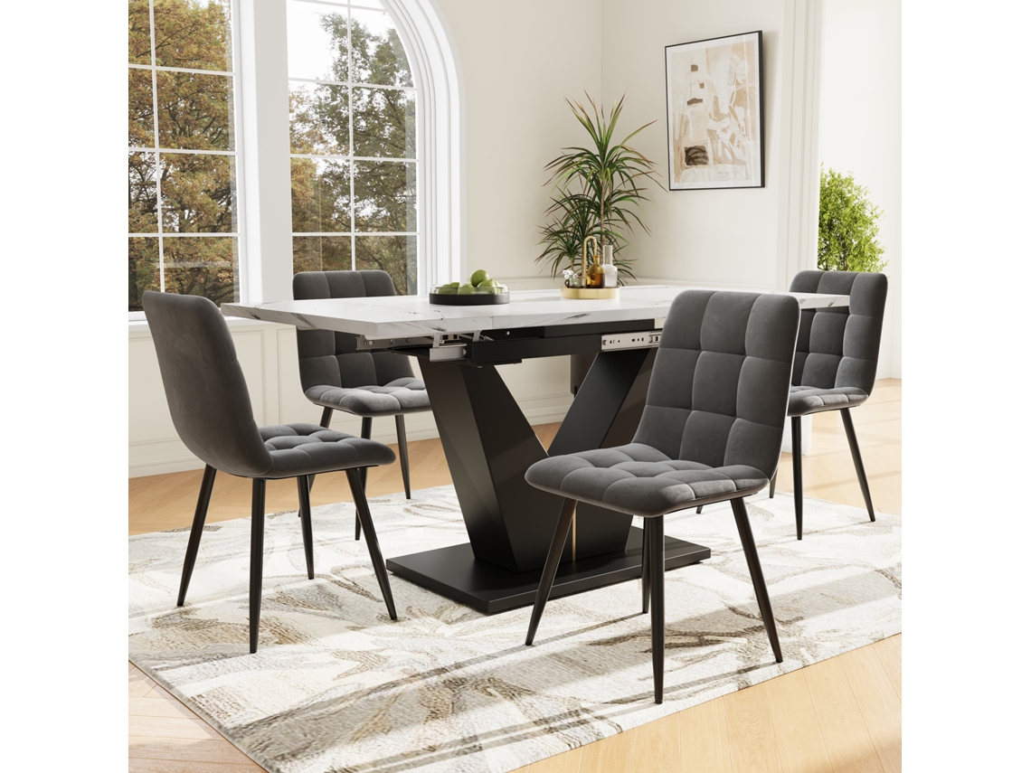 Conjunto Jantar 5 Peças Mesa Extensível Mármore Branco 4 Cadeiras Veludo Cinza V