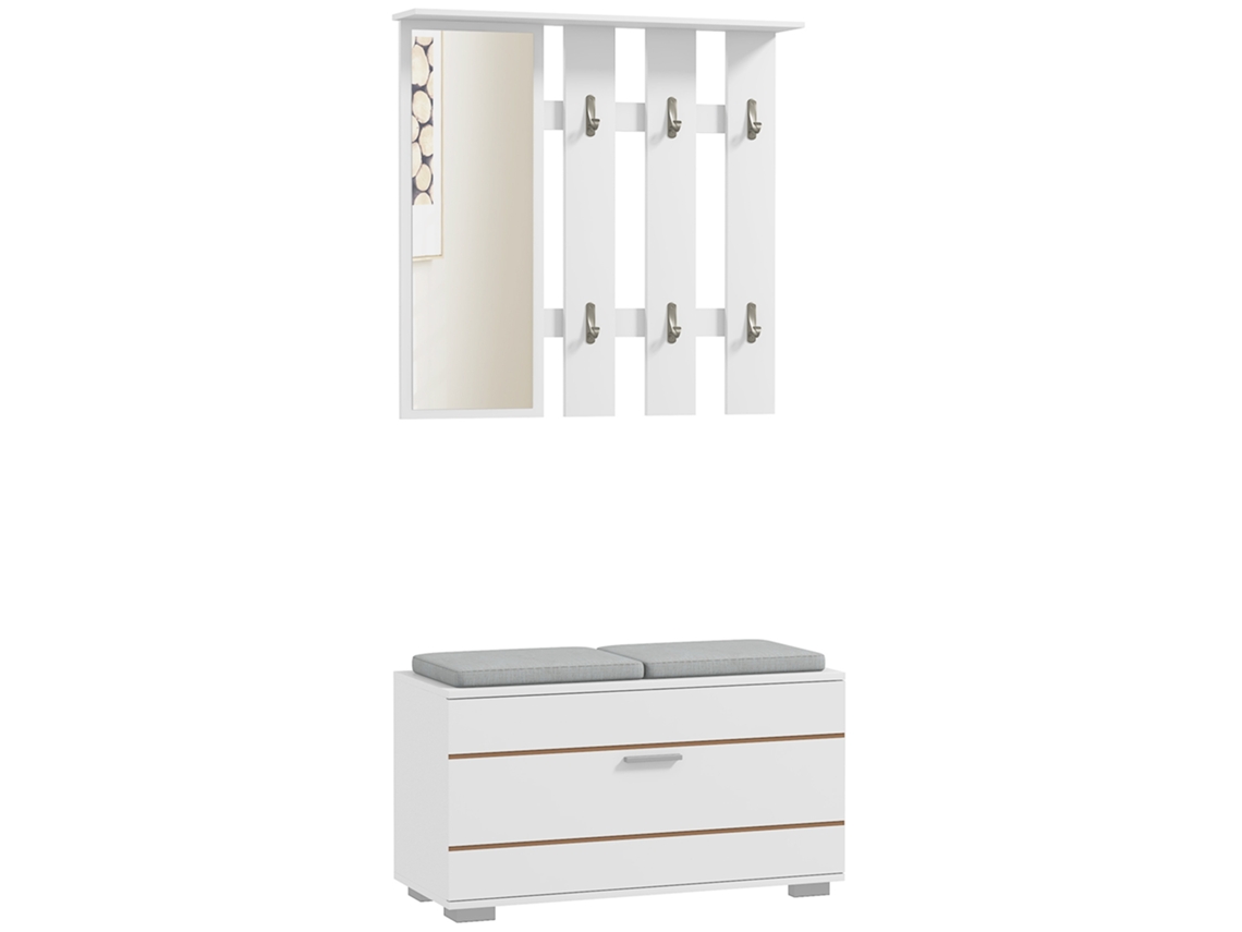 Conjunto de Móveis de Entrada com Guarda casacos, Espelho, Banco com Almofadas e Sapateiro para 8 Pares Branco