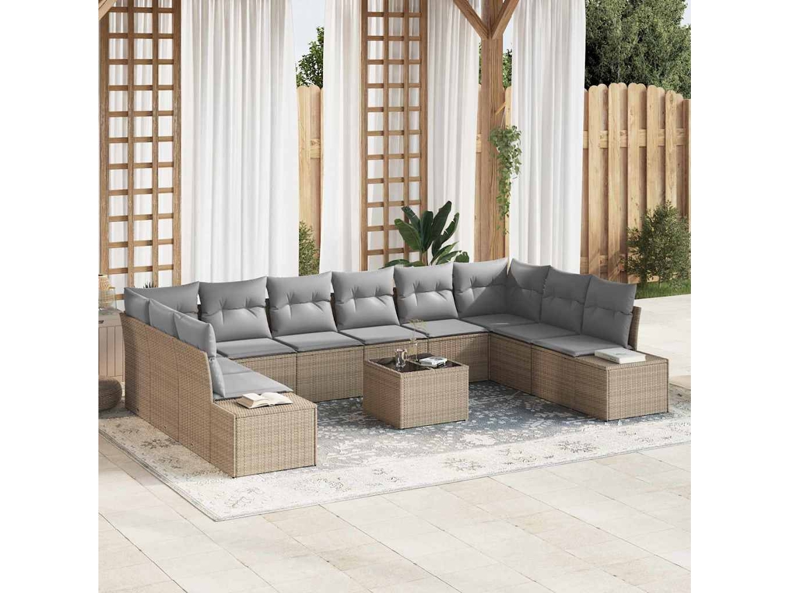 Vidaxl Conjunto De Sofá De Jardim Com Almofada 11 Pcs Bege Vime Pe