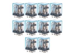 Conjunto de 10 relés eletromagnéticos de pequeno porte, com 8 pinos (2 normalmente abertos e 2 normalmente fechados), 110 V.