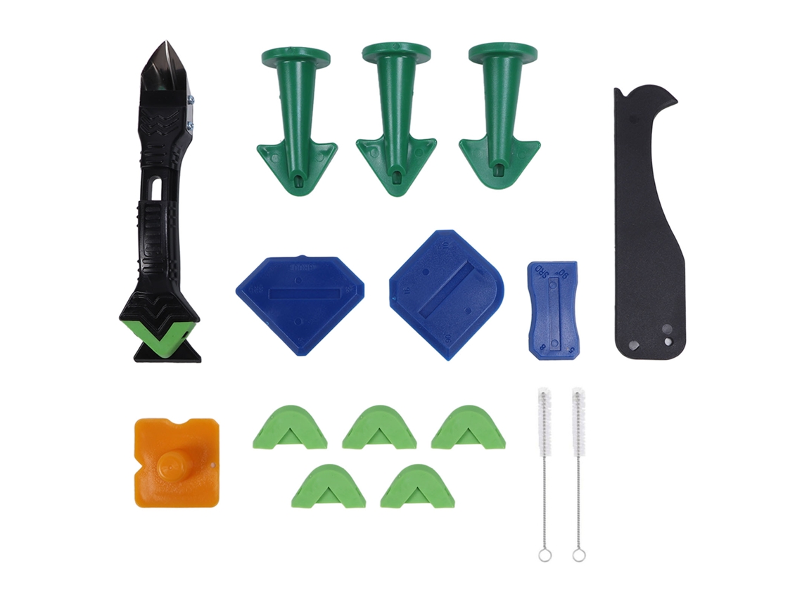 Kit de vedação de silicone com ferramentas multifuncionais para remoção de vazamentos e aplicação de selante residencial.