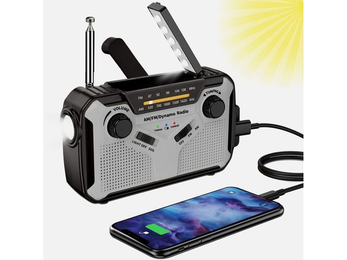 Rádio solar AQUAFORGE portátil AM/FM com manivela, dínamo, bateria 4000mah