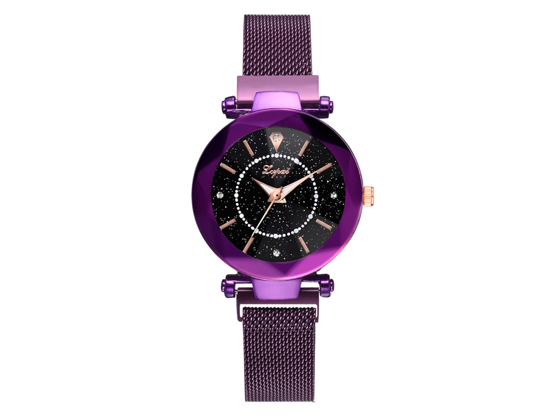Relógio de Pulso Feminino de Quartzo com Padrão Céu Estrelado e Strass Cor Roxo