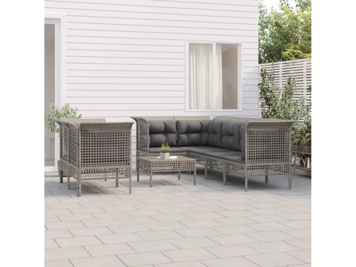 Vidaxl 8 Pcs Conjunto Lounge De Jardim C/ Almofadões Vime Pe Cinzento