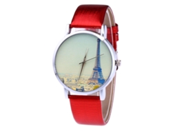 Relógio de pulso unissex de quartzo com pulseira de couro PU Torre Eiffel T420-yx vermelho