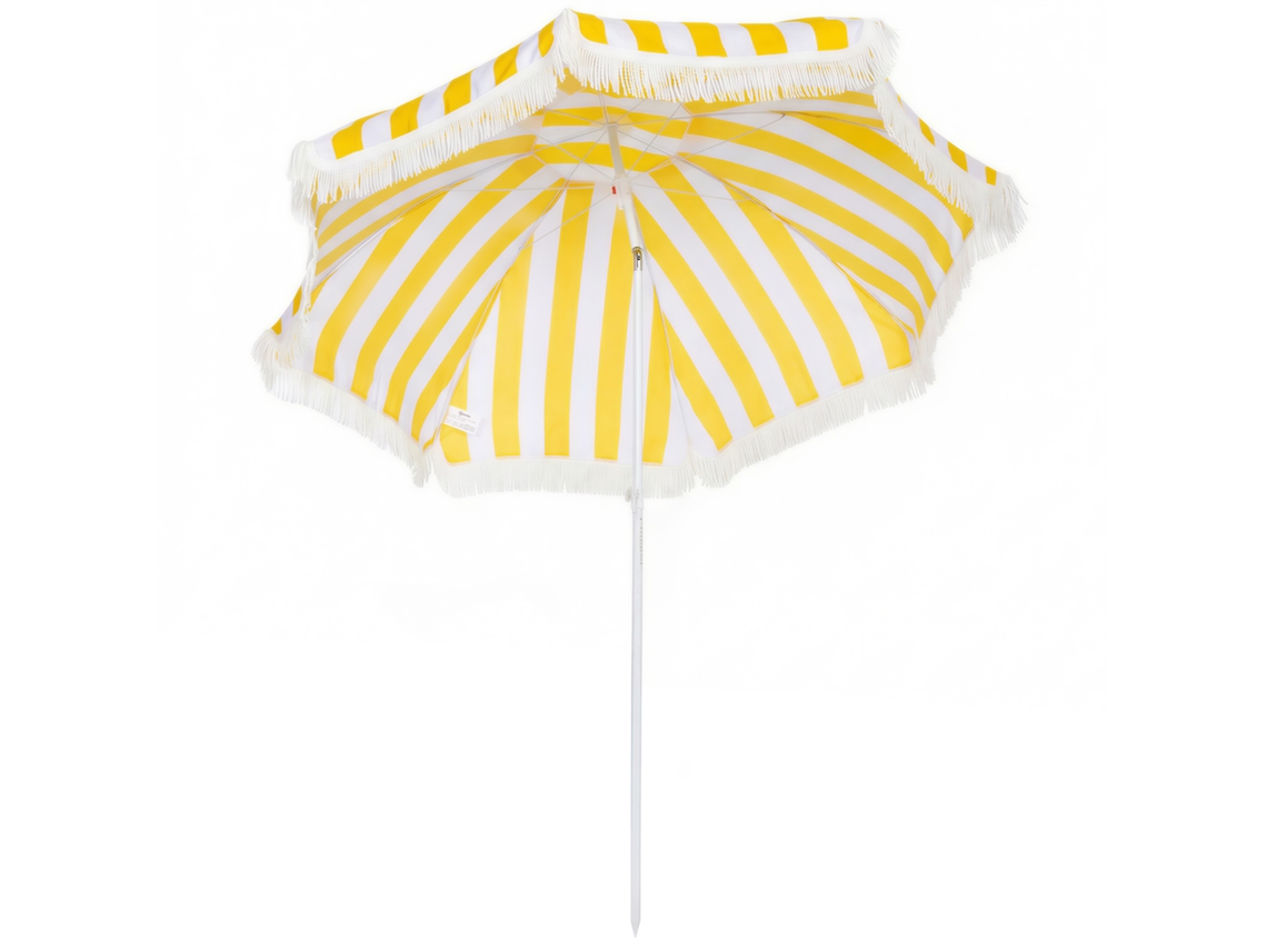 Guarda-sol De Praia Com Franjas, Ø180 Cm, Para Uso Externo Em Pátios, Altura Ajustável, Inclinação De 30°, Amarelo E Branco.