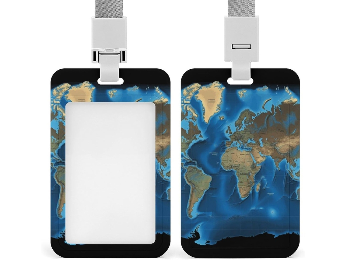 Porta-cartões Crachá com mapa-múndi, protetor de cartões vertical com cordão, camada plástica impermeável, porta-cartões de visita