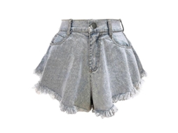 Shorts Jeans De Alta Qualidade De Cintura Alta Solto Rasgado Com Franja Cor Jeans Clara Sexy