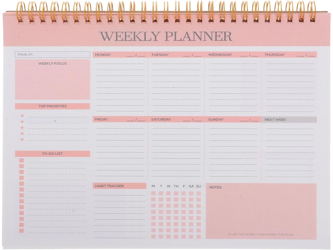 Caderno semanal B5, papel rosa e ferro, encadernação em espiral.