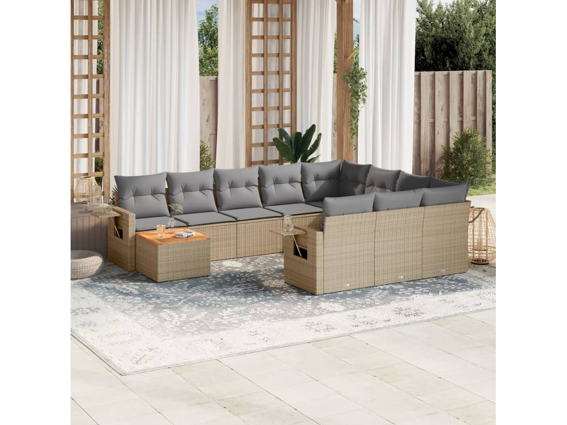 Vidaxl 11 Pcs Conj. Sofás Jardim C/ Almofadões Vime Pe Bege Misturado