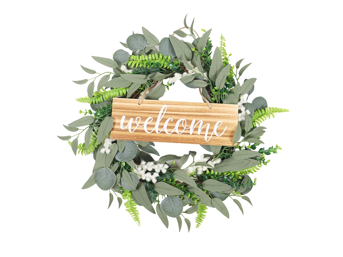 Placa de Boas vindas com Folha de Acácia e Flores para Porta, Decoração Natal, Pendurar em Casa LAXISCREED