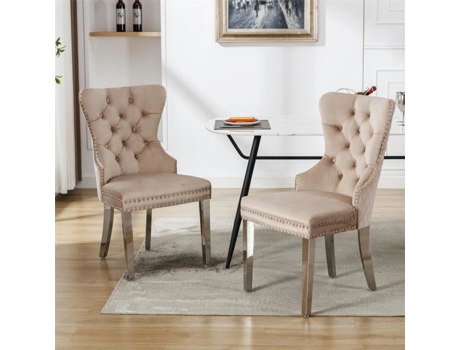 Cadeira De Sala De Jantar Dreammespace Conjunto De 2 Estofada Em Veludo Pernas Em Metal Bege