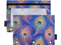 Pasta Com Estampa De Penas Pavão Azul, Fechamento Com 3 Argolas E Visor Transparente, Bolsos Com Ilhós E 3 Furos Para