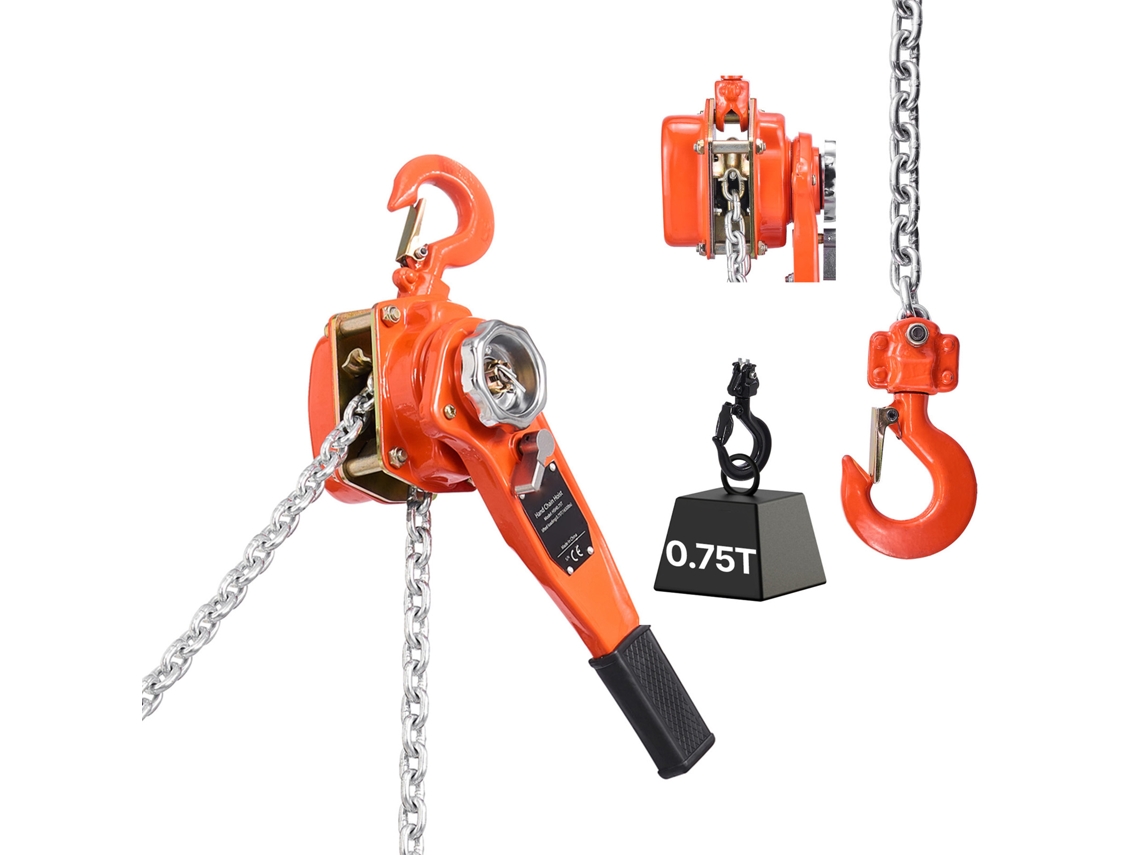 Mini Talha Manual de Corrente Alavanca, 0,75 T, Elevação 6 M, com Freio Mecânico Catraca Dupla, Ganchos Giratórios 360°, para Armazéns, Construção e
