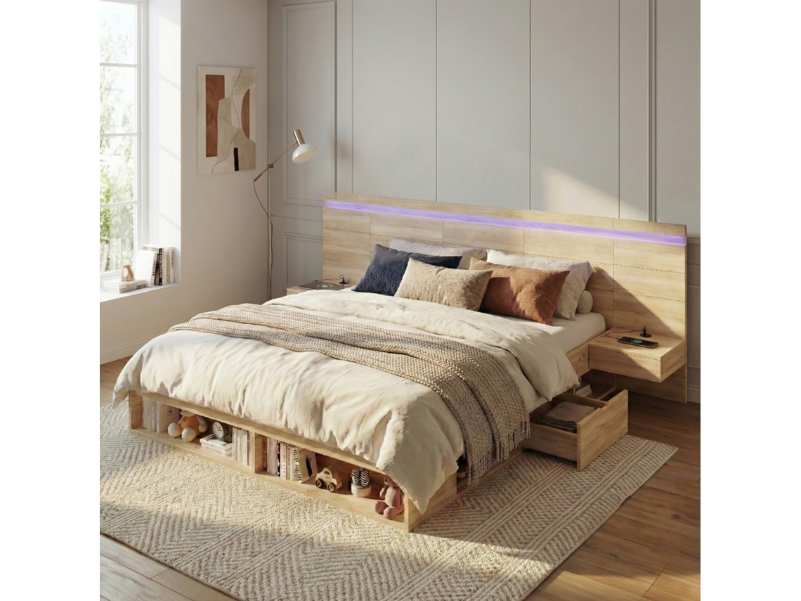 Cama de casal 180×200 cm, cama de madeira juvenil com armazenamento, estação de carregamento USB/Tipo-C e iluminação LED.
