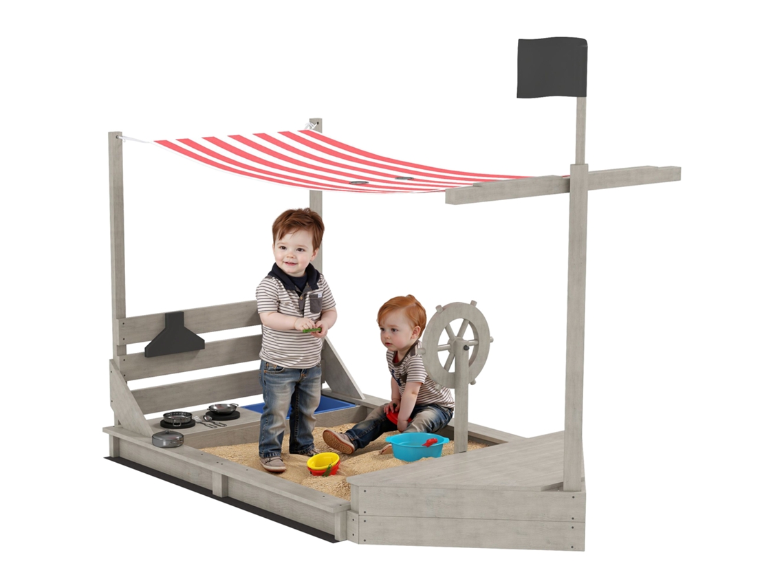 Caixa de Areia Infantil Formato Navio Pirata, Madeira Maciça, Área de Lazer, 180x103x144,5 Cm, Cinza