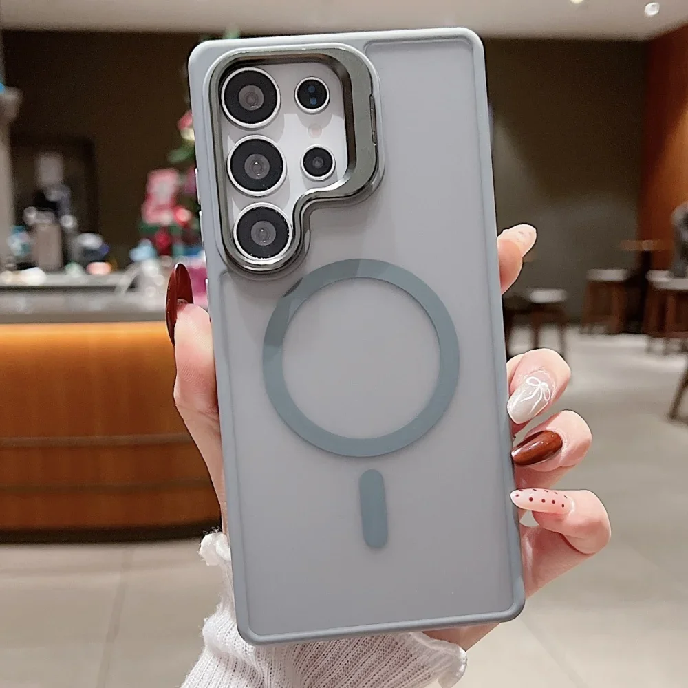(cinza, Galaxy S24) Capa Fosca Para Celular, Suporte Magnético De Metal Para Lente, Material Acrílico Tpu