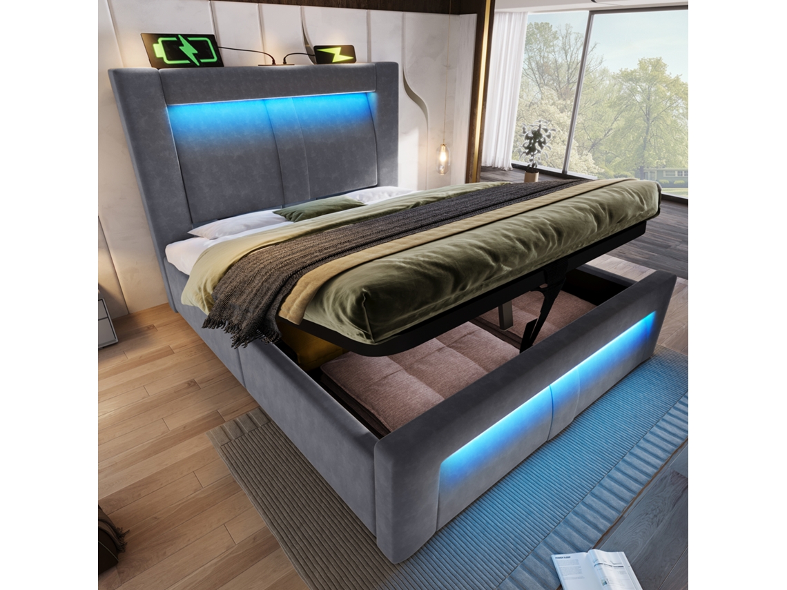 Cama de Casal 160x200 cm com USB, Relógio, Bluetooth, Luz Colorida ZKAKA