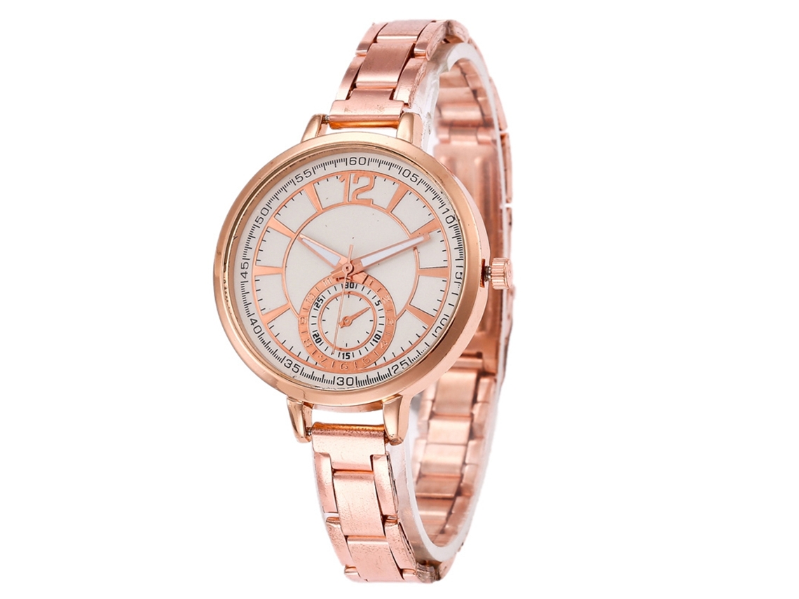 Relógio de quartzo unissex, simples e casual, com pulseira de aço em tom rosé.