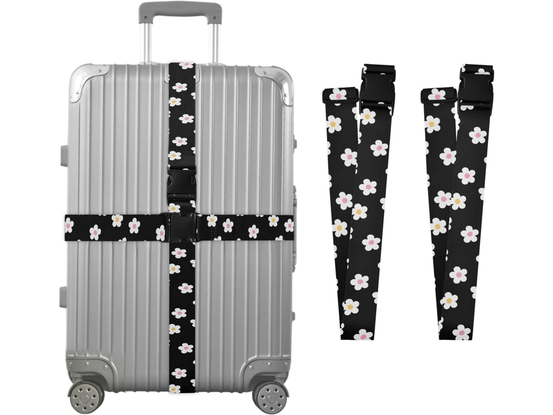 Conjunto De 2 Cintas Bagagem Personalizáveis Com Fivelas, Estampa Floral Branca, Para Malas De Viagem, Na Cor Preta