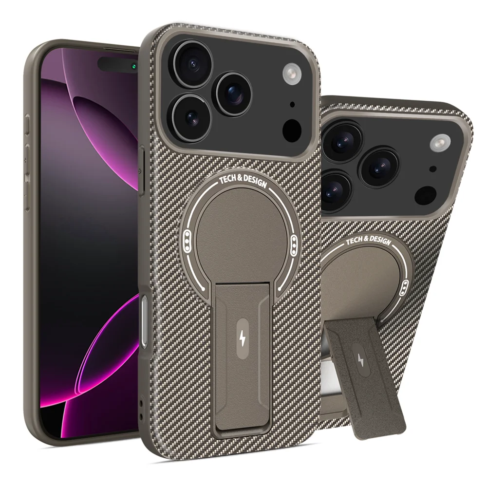 (marrom, Iphone 13 Pro Max) Capa De Carregamento Magnético Com Textura De Fibra De Carbono, Suporte Dobrável E Capa Protetora.