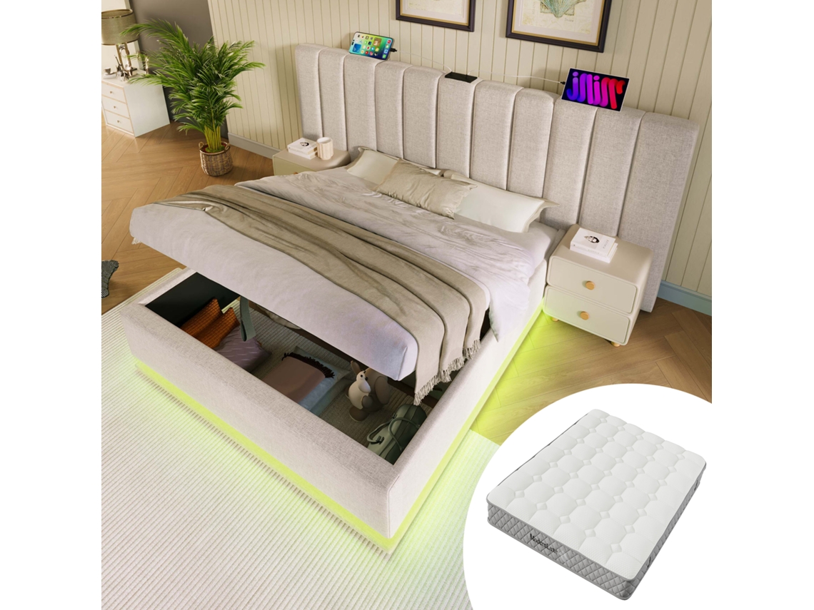 Cama Casal 180x200 Led Usb c Linho Bege com Colchão