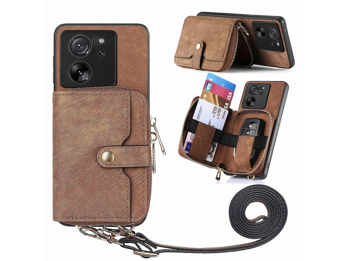 Capa Carteira Multifuncional Com Zíper E Alça Transversal Para Xiaomi Redmi Note 13