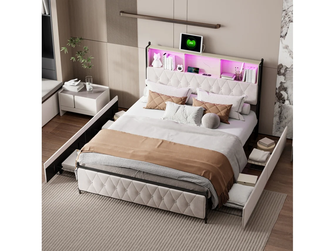 Cama Estofada 180x200 Cm, Cama De Casal, Usb Tipo C, Cama Com Arrumação E 4 Gavetas, Comando Remoto Para Luzes Led, Tecido De Veludo Cinza