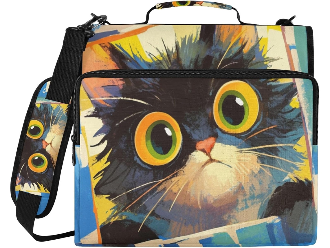 Carteira com estampa fofa de gatinho e cores vibrantes, 3 argolas com compartimentos extras, alça de ombro removível e alça transversal.