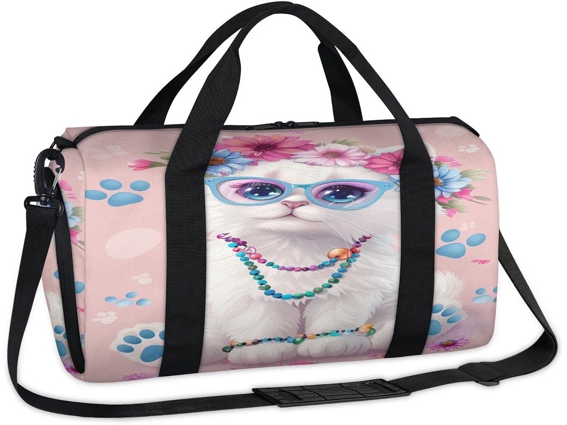 Bolsa Esportiva Floral e Gatinho Tecido Poliéste 45 X 21 5 23 Cm Design PA