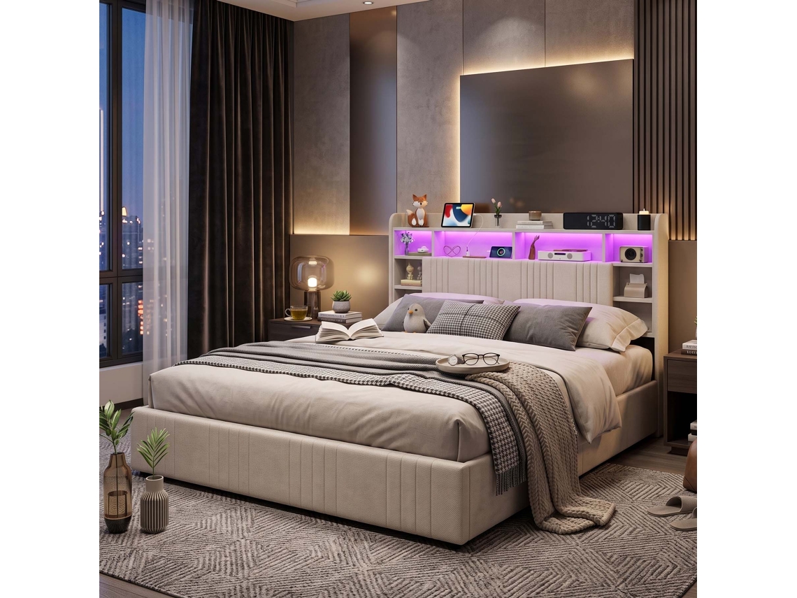 Lazyspace Cama De Casal Estofada Em Linho 140x200 Cm Com Led, Usb E Arrumação Hidráulica - Bege
