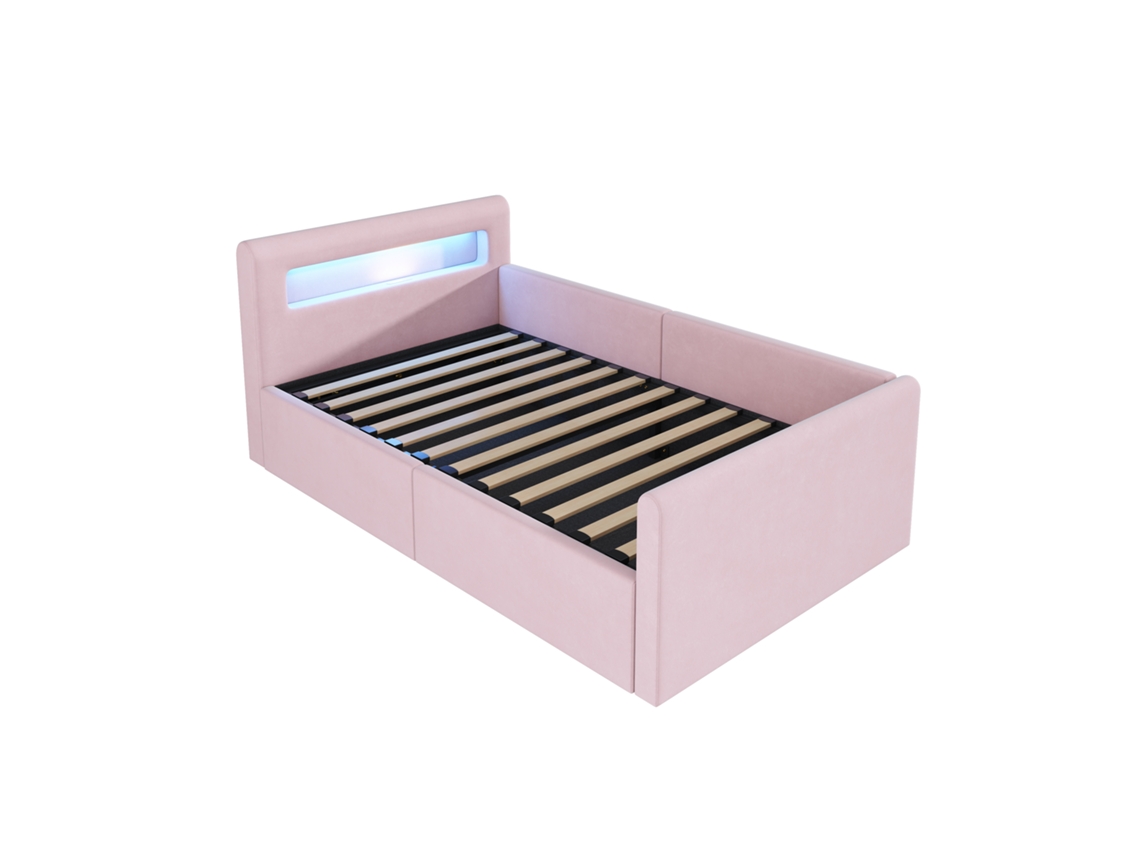 Cama Infantil Veludo Led Usb Arrumação Hidráulica Cabeceira Ajustável 200kg