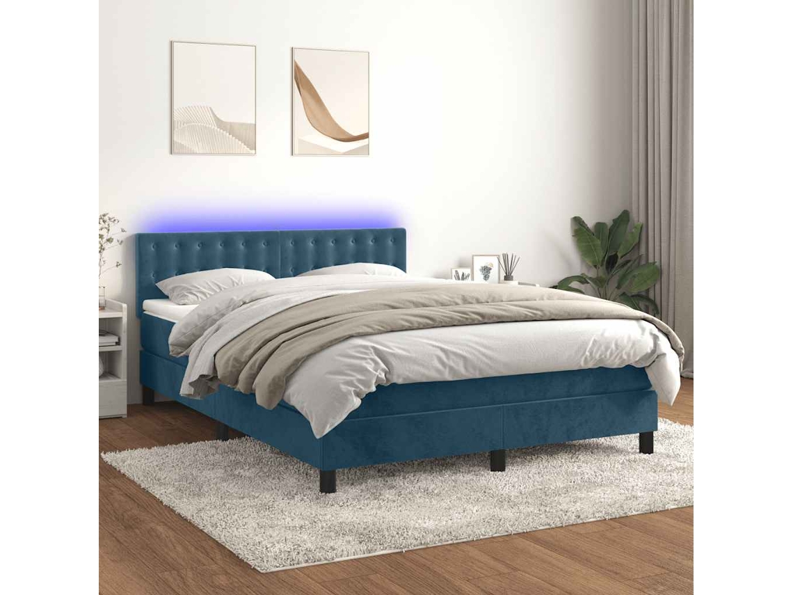 Vidaxl Cama Box Spring C/ Colchão/led 140x190 Cm Veludo Azul-escuro