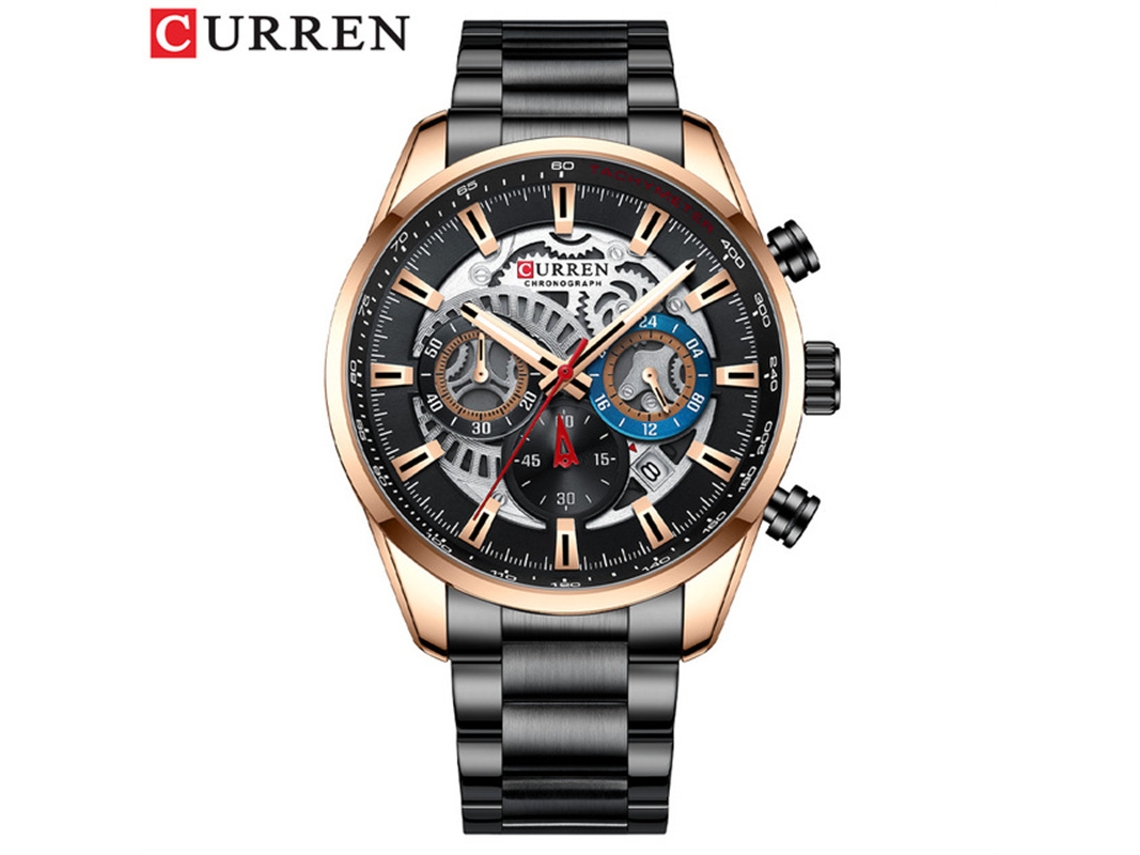 Relógio Masculino de Negócios em Aço Inoxidável , com Calendário de Quartzo, Seis Ponteiros, Multifuncional e Luminoso. MDUG (dourado Rosa e Preto)