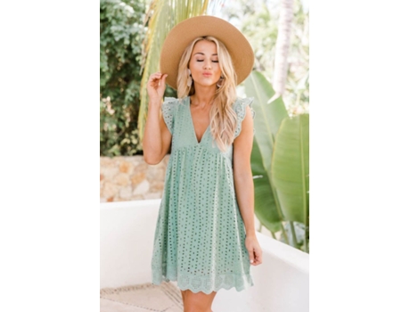 Vestido de Renda Manga Curta com Decote em V VCTEX  (Verde)