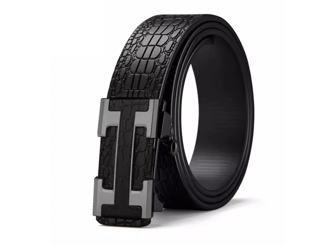 Cinto Masculino Couro Legítimo Crocodilo Preto Fivela Automática Cinza 110cm, Estilo Business Casual STELASPLEN