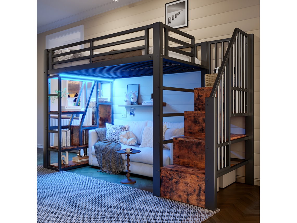 Cama Deitada 90x200cm Ferro Preto Com Prateleira Escada Guarda-lua Led Armário