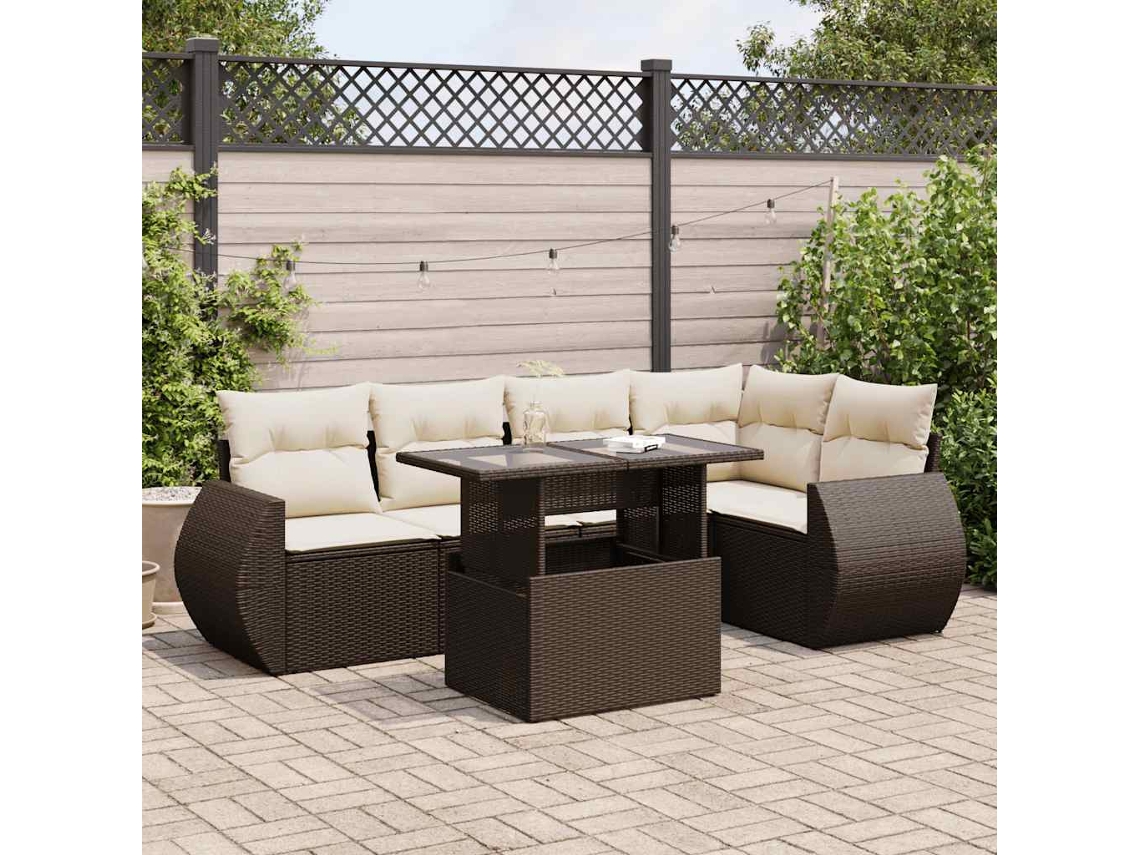 Vidaxl 6 Pcs Conjunto De Sofás Jardim C/ Almofadões Vime Pe Castanho