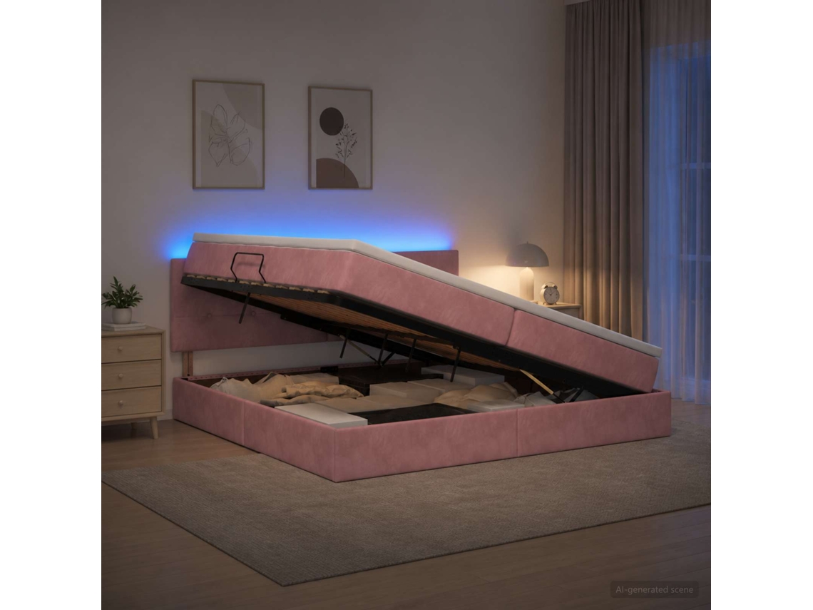 Vidaxl Cama De Armazenamento Led Com Colchão Rosa 200 X 200 Cm Veludo