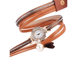 Relógio de Pulso Feminino de Moda com Pulseira de Couro Pu e Strass Quartzo Marrom