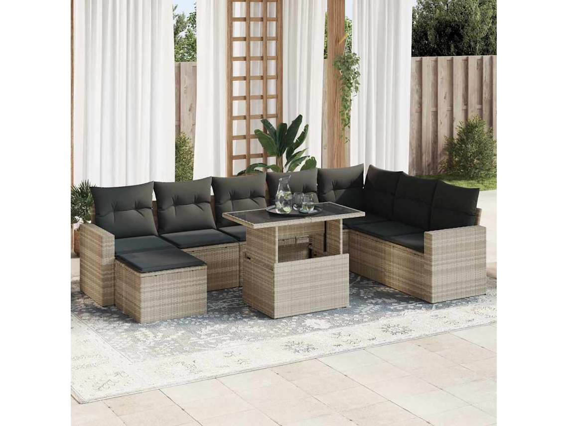 Vidaxl 9 Pcs Conj. Sofás Jardim Com Almofadões Vime Pe Cinzento-claro