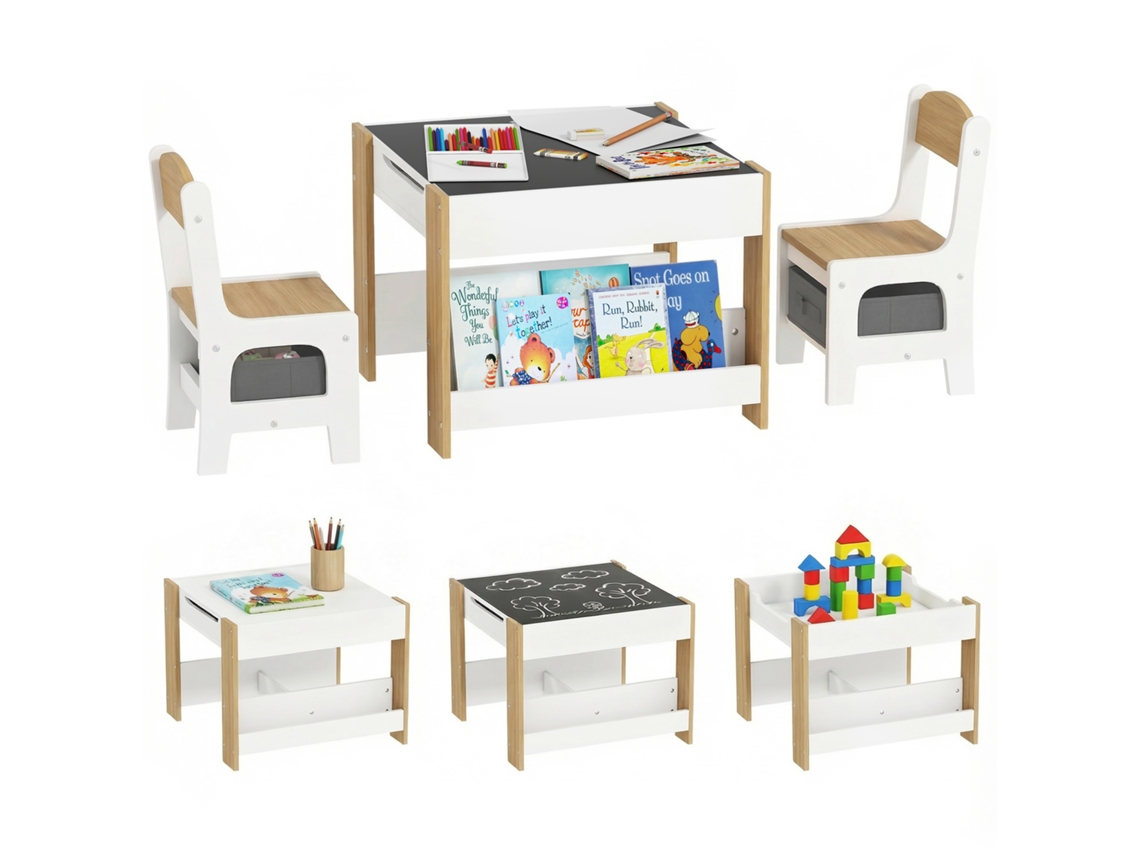 Conjunto de Mesa e 2 Cadeiras Infantis 2 em 1 com Ardósia Gavetas de Tecido e Espaço de Armazenamento para Quarto Cinza Ge