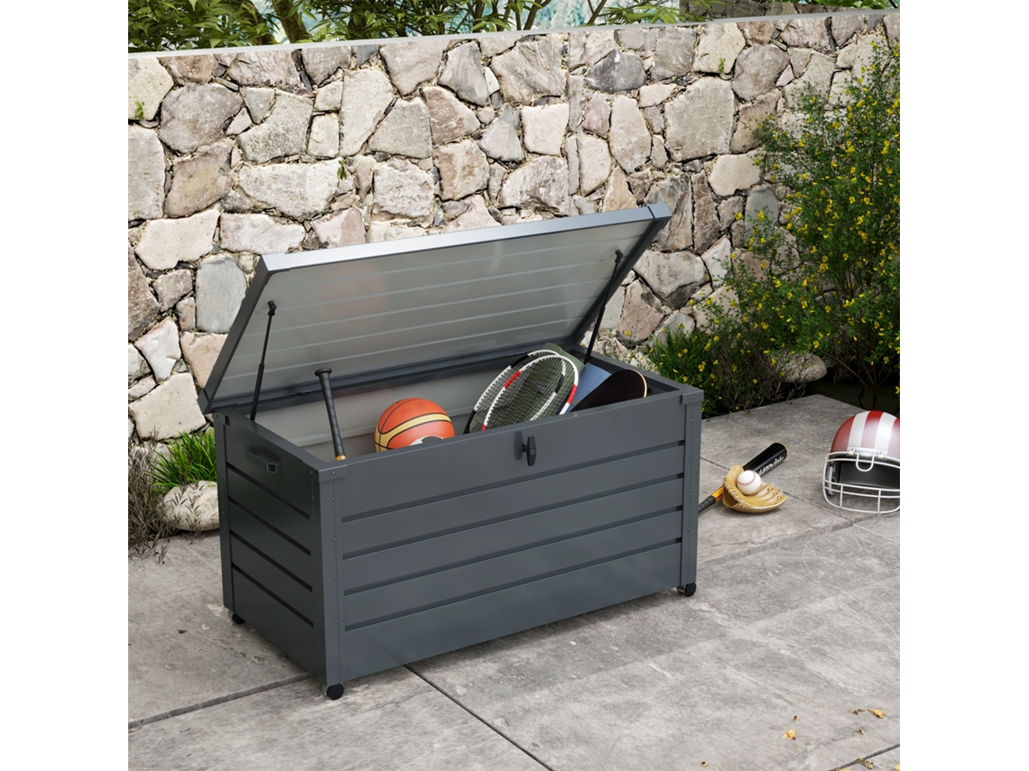 Caixa de Armazenamento Exterior 311l, com Pistão a Gás, Rodas e Pega, em Aço Galvanizado, 120x62x66 Cm, Cinza