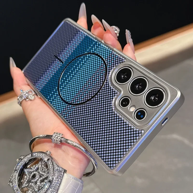 Capa Protetora Magnética De Tpu Macio Com Textura De Fibra De Carbono (azul Para Galaxy S25 Ultra)