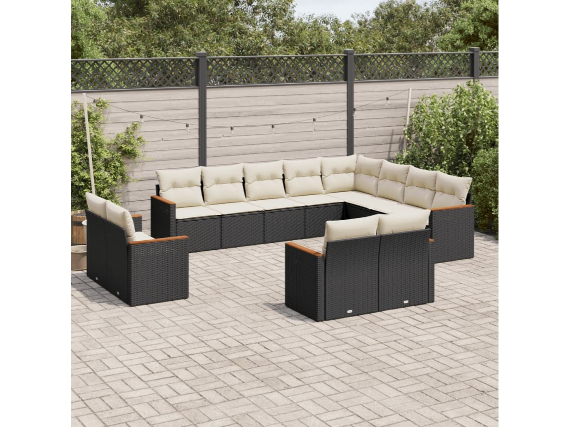 12 Pcs Conjunto De Sofá Jardim C/ Almofadões Vime Pe Preto Dkd Home Decor