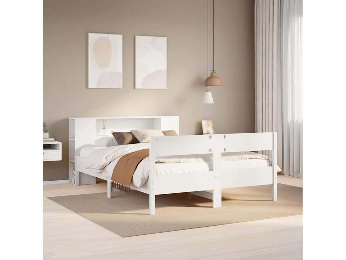 Vidaxl Cama com Estante Sem Colchão 140x200 Cm Pinho Maciço Branco