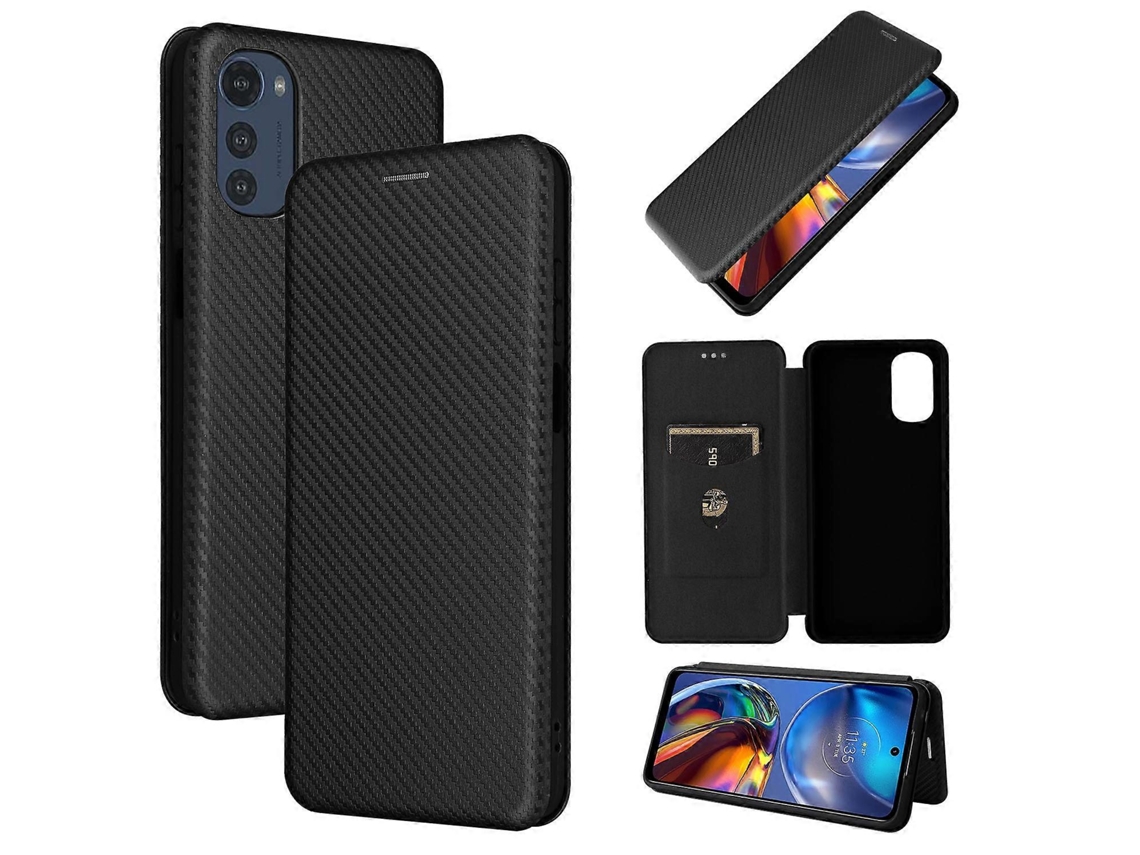 Capa De Couro Com Flip Horizontal Para Motorola Moto E32 4g Com Textura De Fibra De Carbono