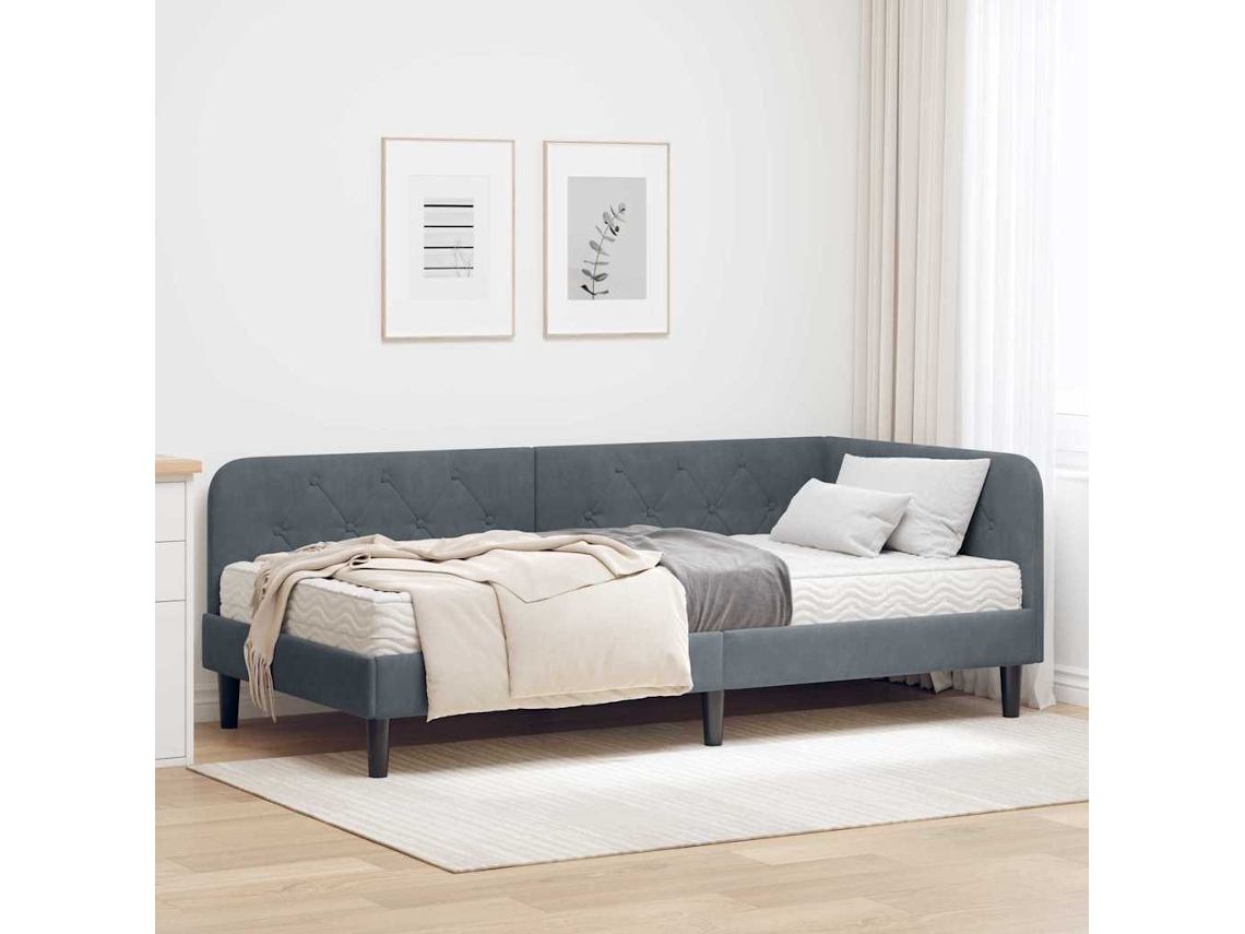 Vidaxl Estrutura de Cama de Canto Cinza Escuro 90 X 200 Cm Veludo