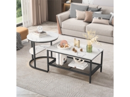 Conjunto 2 Mesas De Centro Encaixáveis, Tampo Efeito Mármore Branco,estrutura De Metal Preto (80x46cm + Ø52cm),rosahqnda